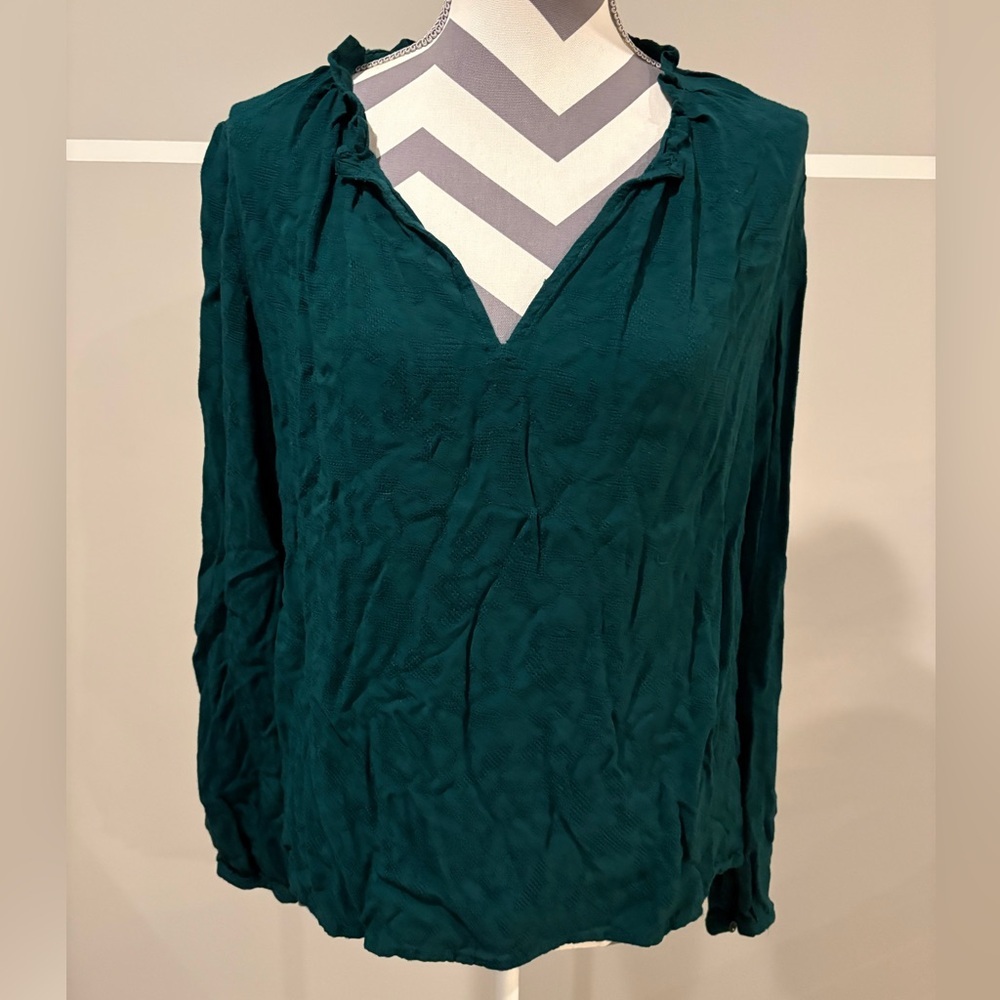 hinge Teal Green V-Neck Long Sleeve Blouse